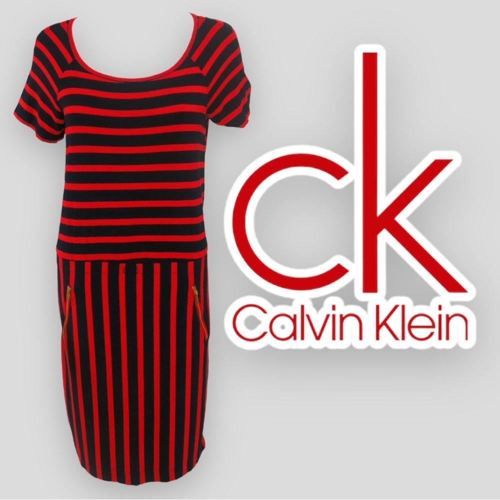 Calvin Klein drop waist sailor striped minimal jersey midi dress
